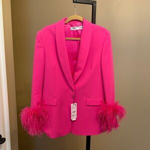 Zara Vibrant Pink Blazer with Feather Cuffs